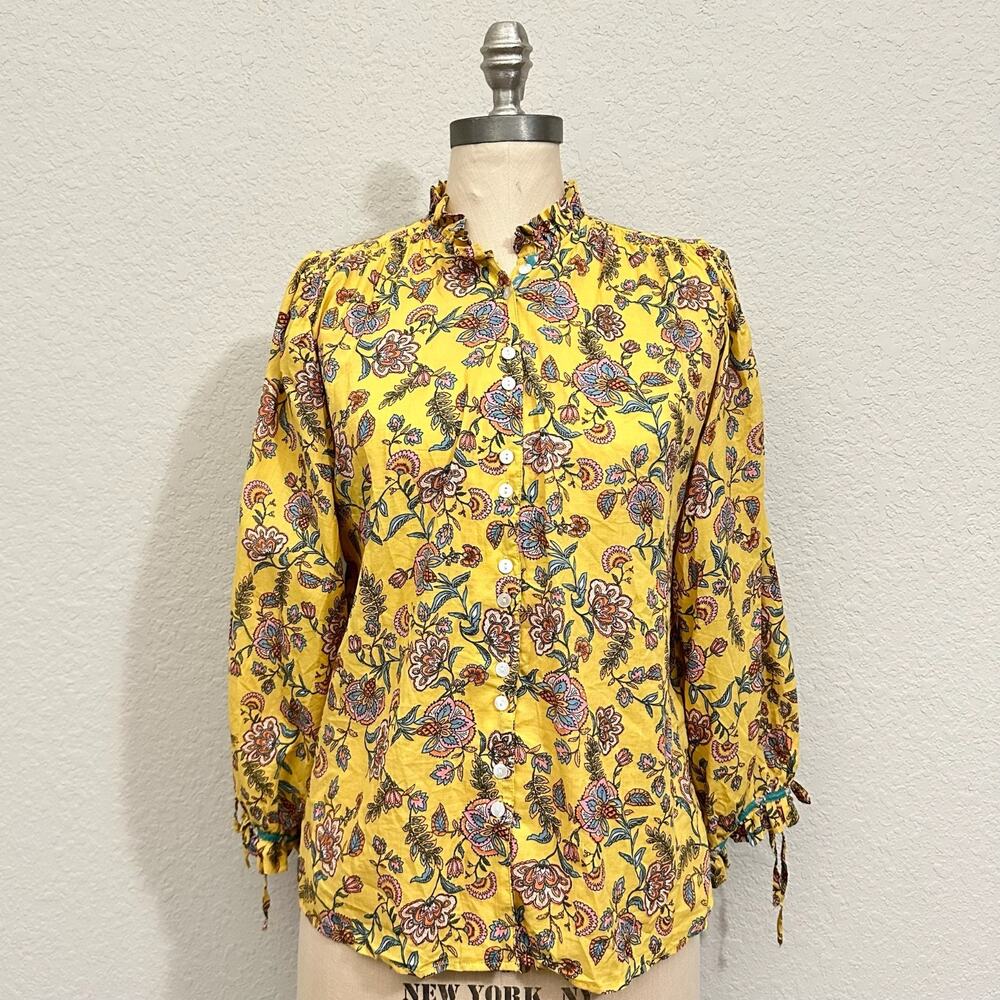 SUNDANCE Ashton Blouse Yellow Floral Ruffle Neck Balloon Sleeve Boho